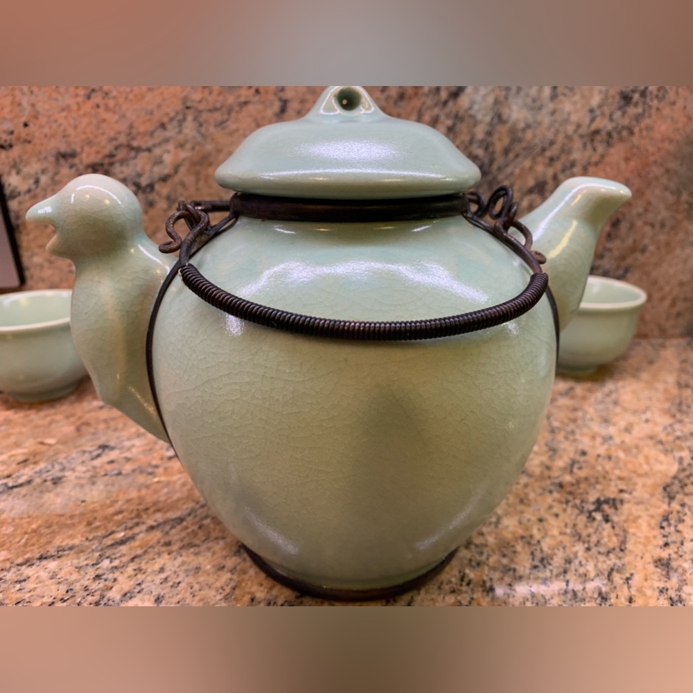 Asian Tea Set for 4  bird head spout unique crackled porcelain
